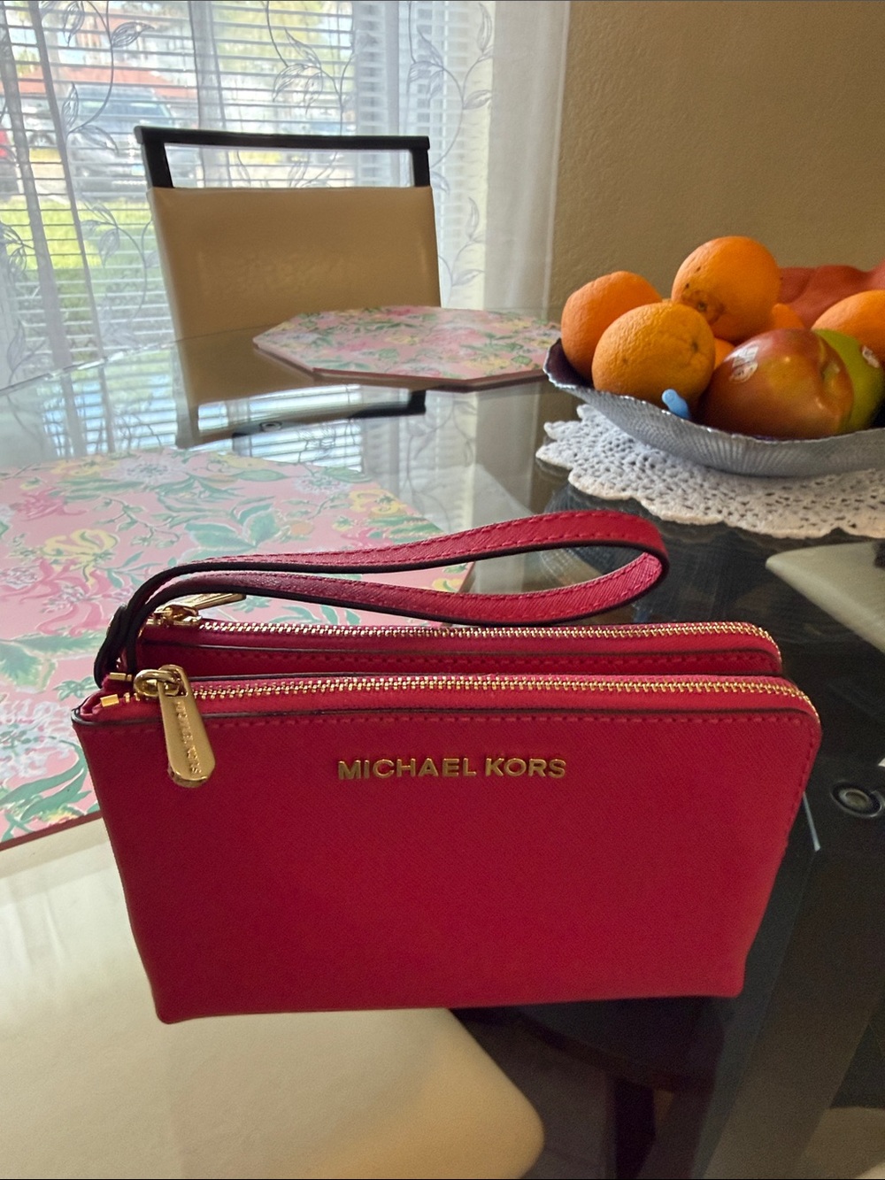 Michael Kors Pink-Red Saffiano Leather Double-Zip Wristlet